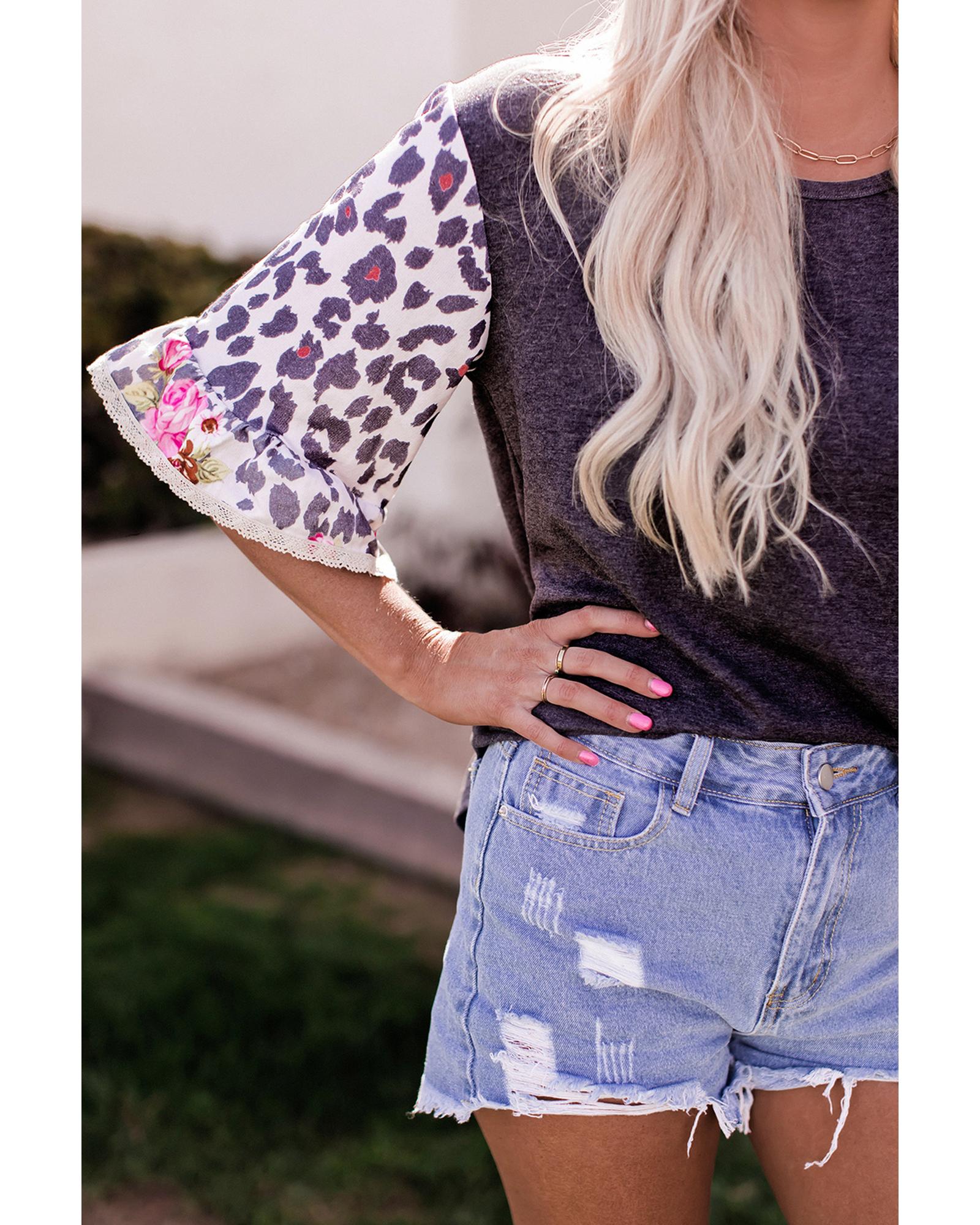 Azura Exchange Leopard Floral Patchwork Ruffle Bell Sleeve Top - M