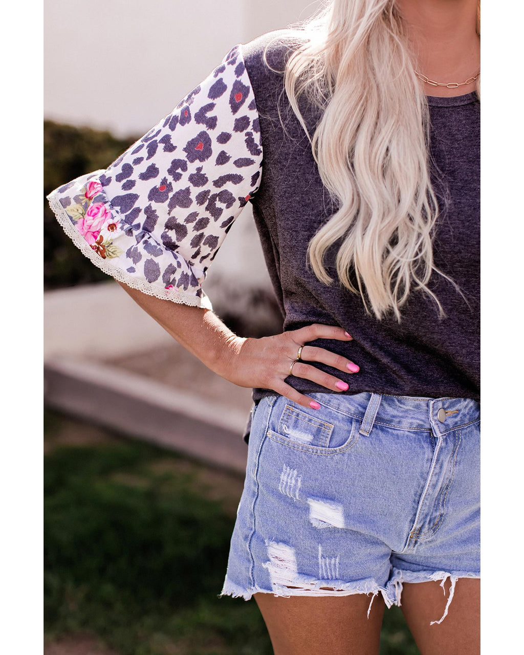 Azura Exchange Leopard Floral Patchwork Ruffle Bell Sleeve Top - S