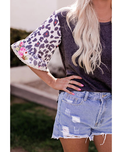 Azura Exchange Leopard Floral Patchwork Ruffle Bell Sleeve Top - S