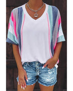 Azura Exchange Patchwork V Neck T-Shirt with Stripe Detail - S