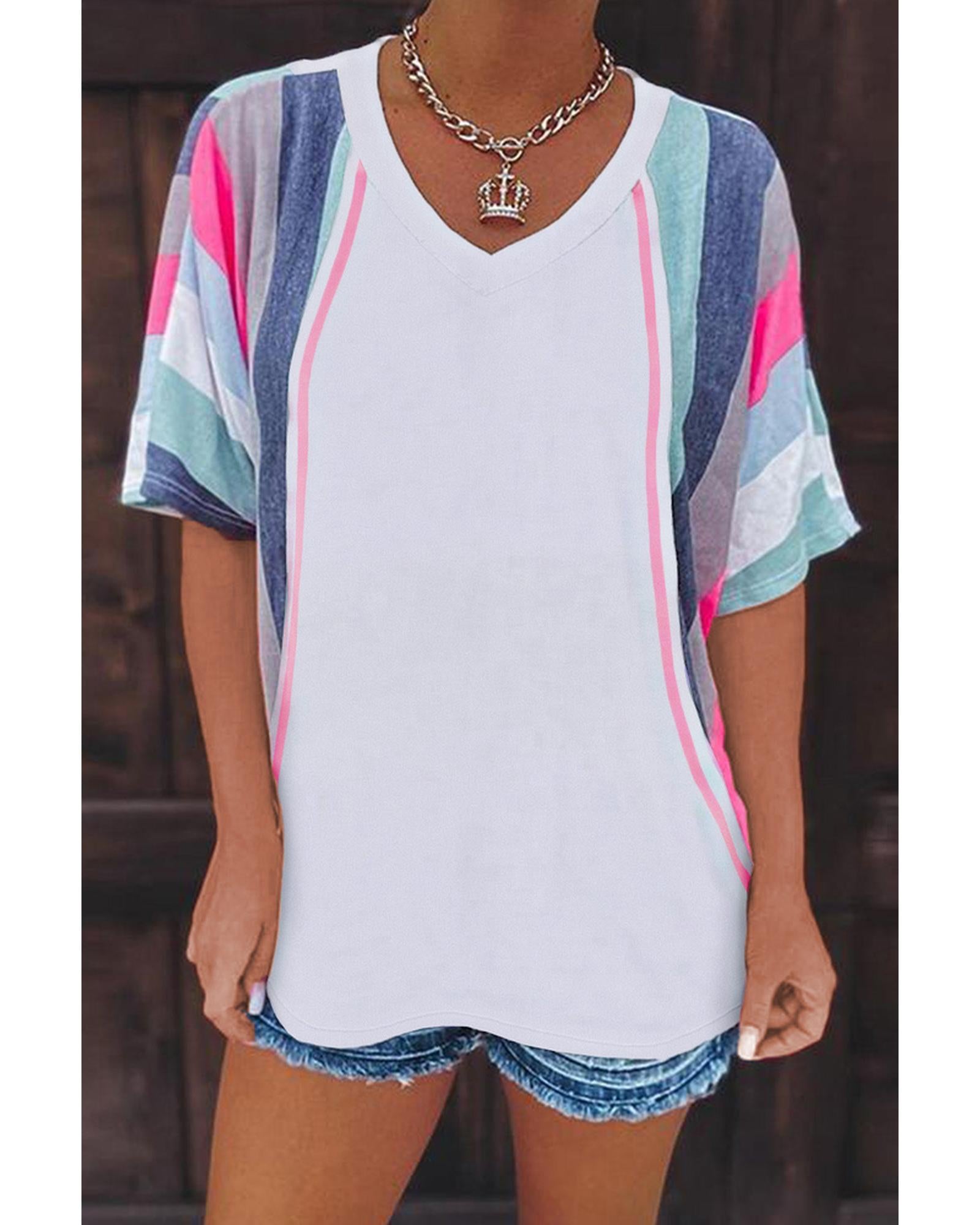 Azura Exchange Patchwork V Neck T-Shirt with Stripe Detail - S Secondary image