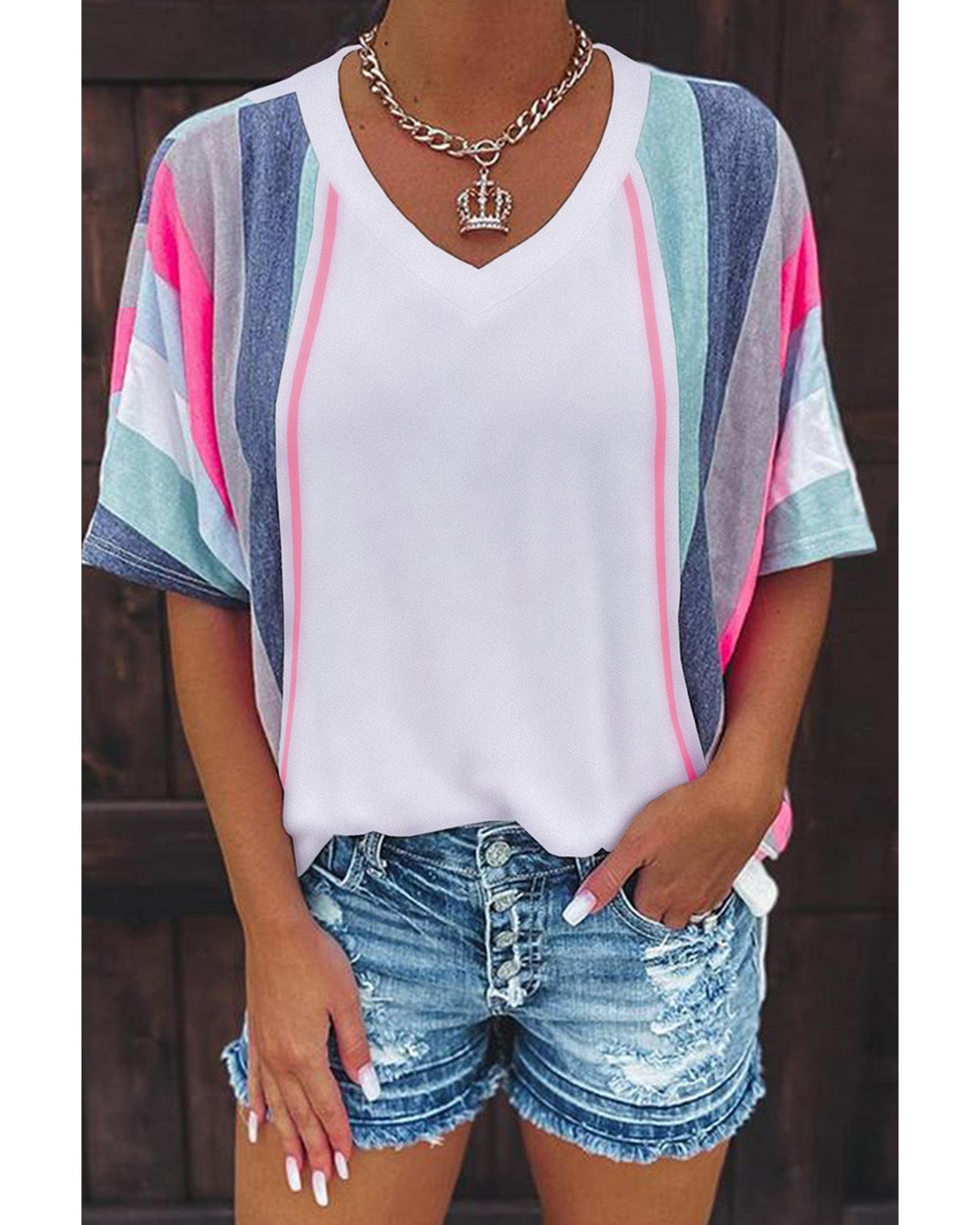 Azura Exchange Patchwork V Neck T-Shirt with Stripe Detail - XL Main image