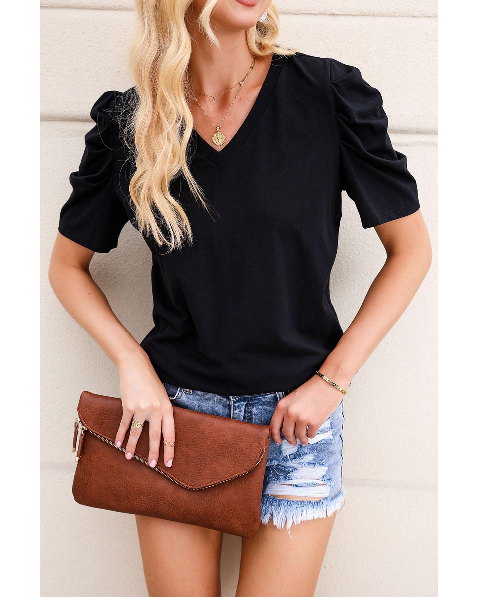 Azura Exchange V-Neck Puff Sleeve T-Shirt - M Secondary image