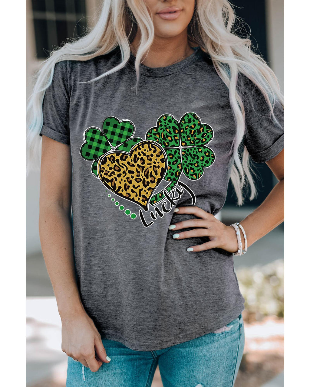Azura Exchange Leopard Plaid Heart Clover Graphic Print T-Shirt - S