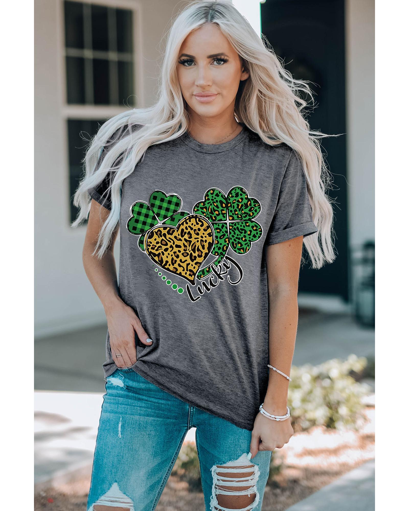 Azura Exchange Leopard Plaid Heart Clover Graphic Print T-Shirt - S