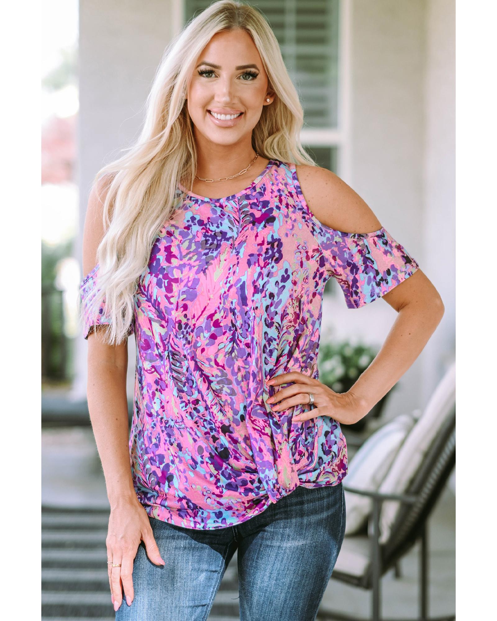Azura Exchange Lavender Floral Print Cold Shoulder Blouse - S Main image