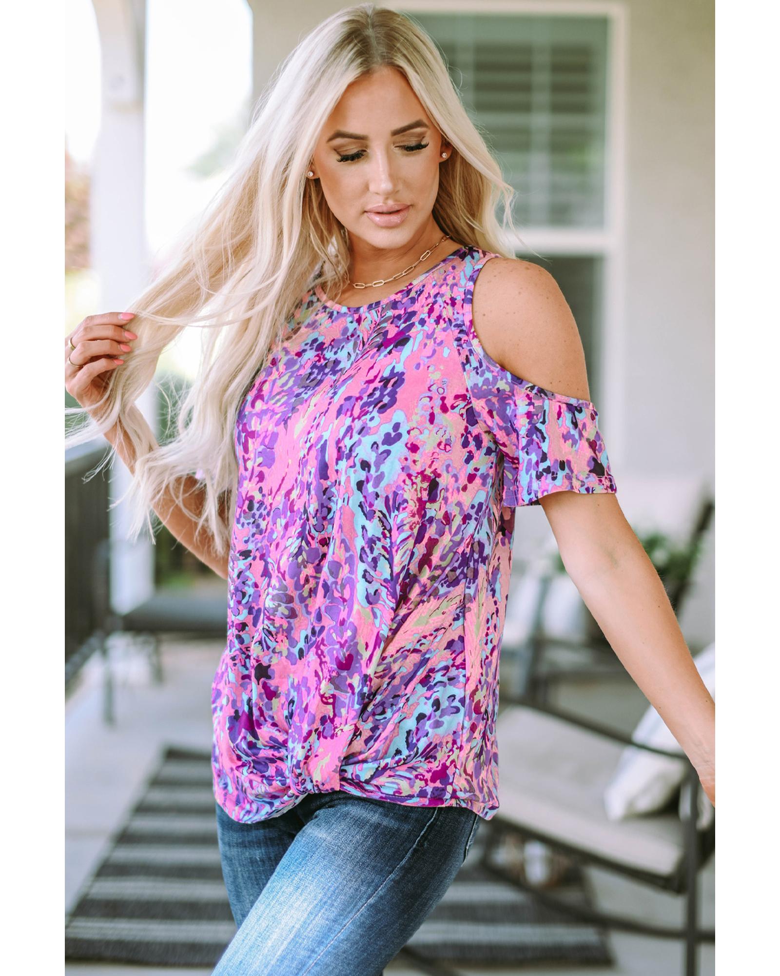 Azura Exchange Lavender Floral Print Cold Shoulder Blouse - S Secondary image