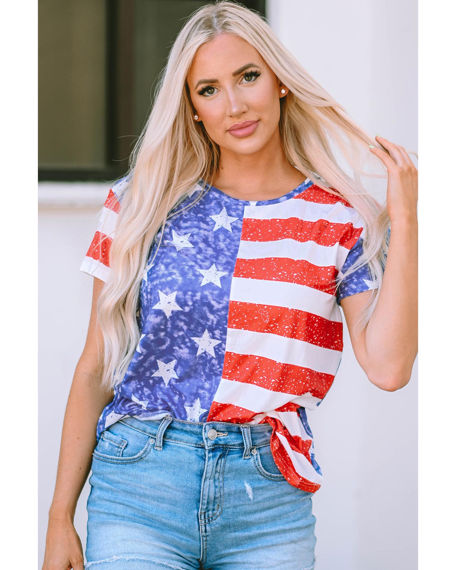 Azura Exchange American Flag Print Distressed Crew Neck T-Shirt - L
