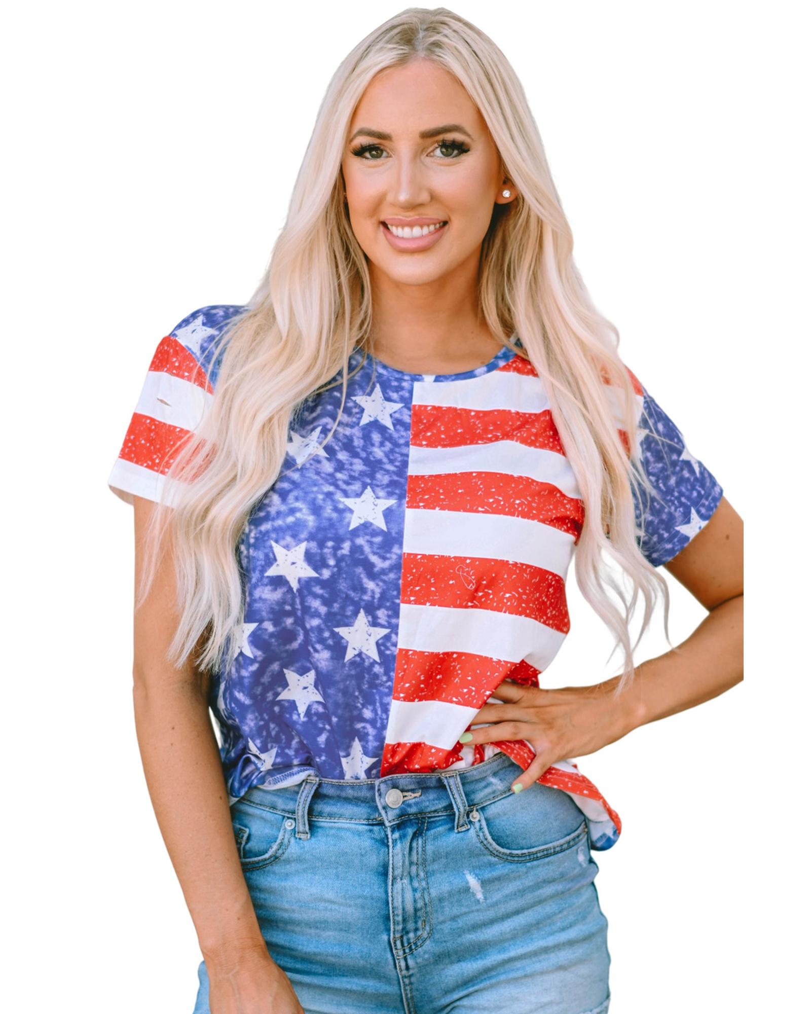 Azura Exchange American Flag Print Distressed Crew Neck T-Shirt - L