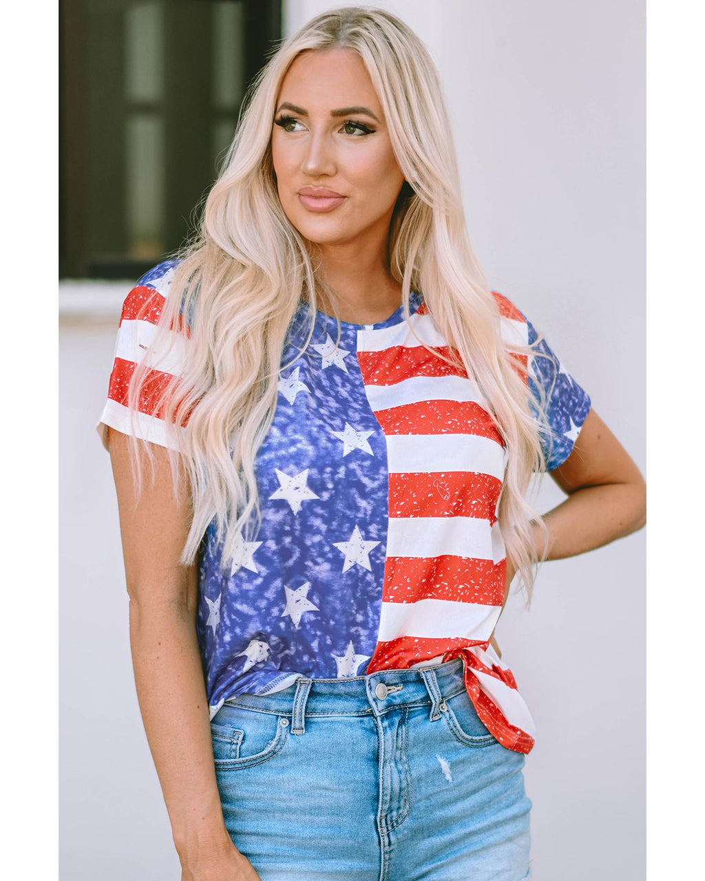 Azura Exchange American Flag Print Distressed Crew Neck T-Shirt - L