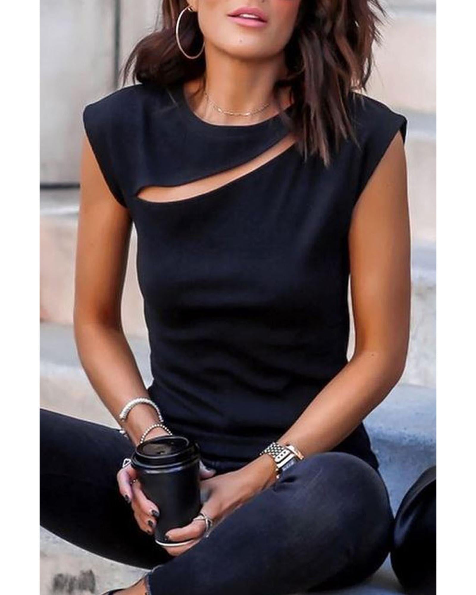 Azura Exchange Slash Cutout Cap Sleeve T Shirt - L Main image