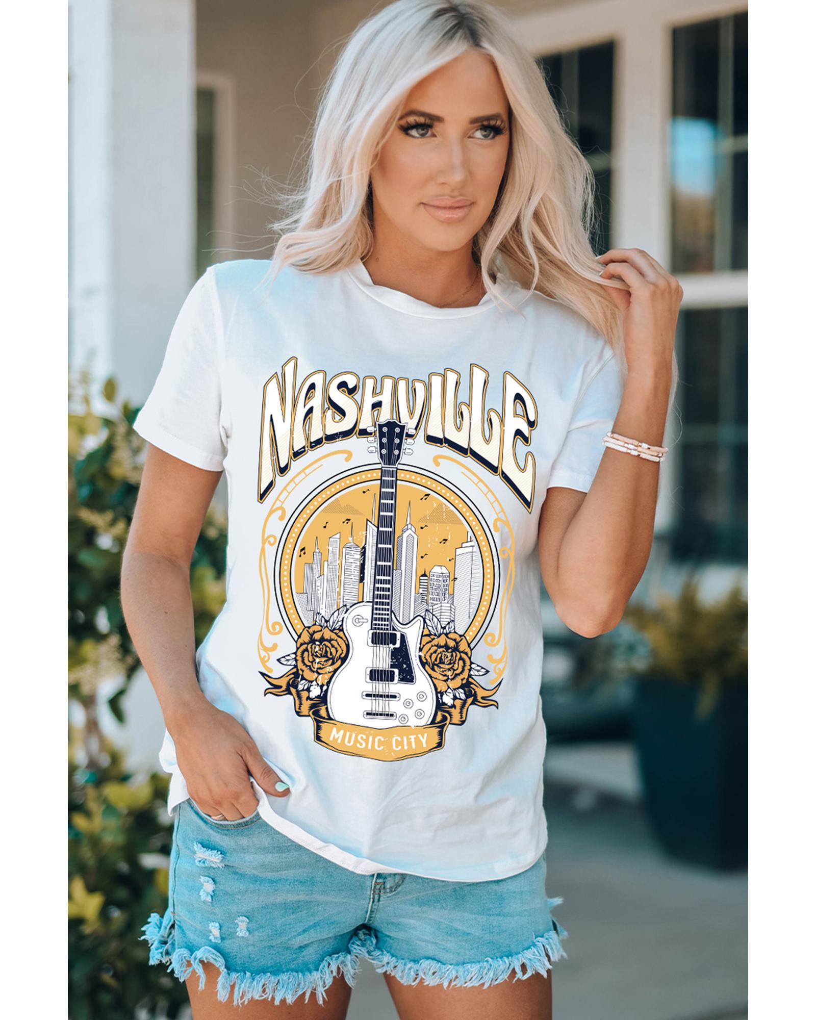 Azura Exchange Nashville Guitar Floral Print T-Shirt - M Secondary image