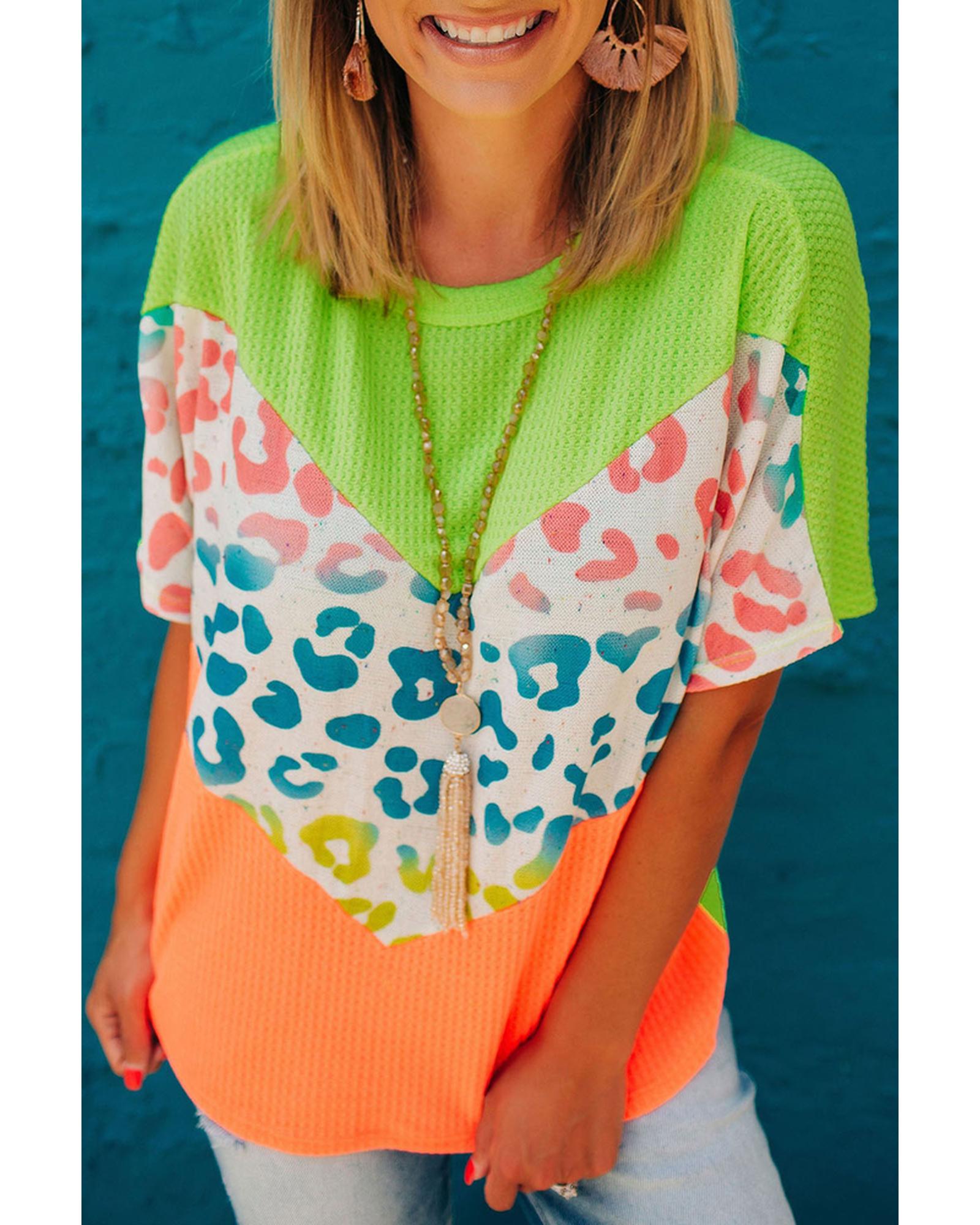 Azura Exchange Leopard Patchwork Waffle Knit T-Shirt - S Main image