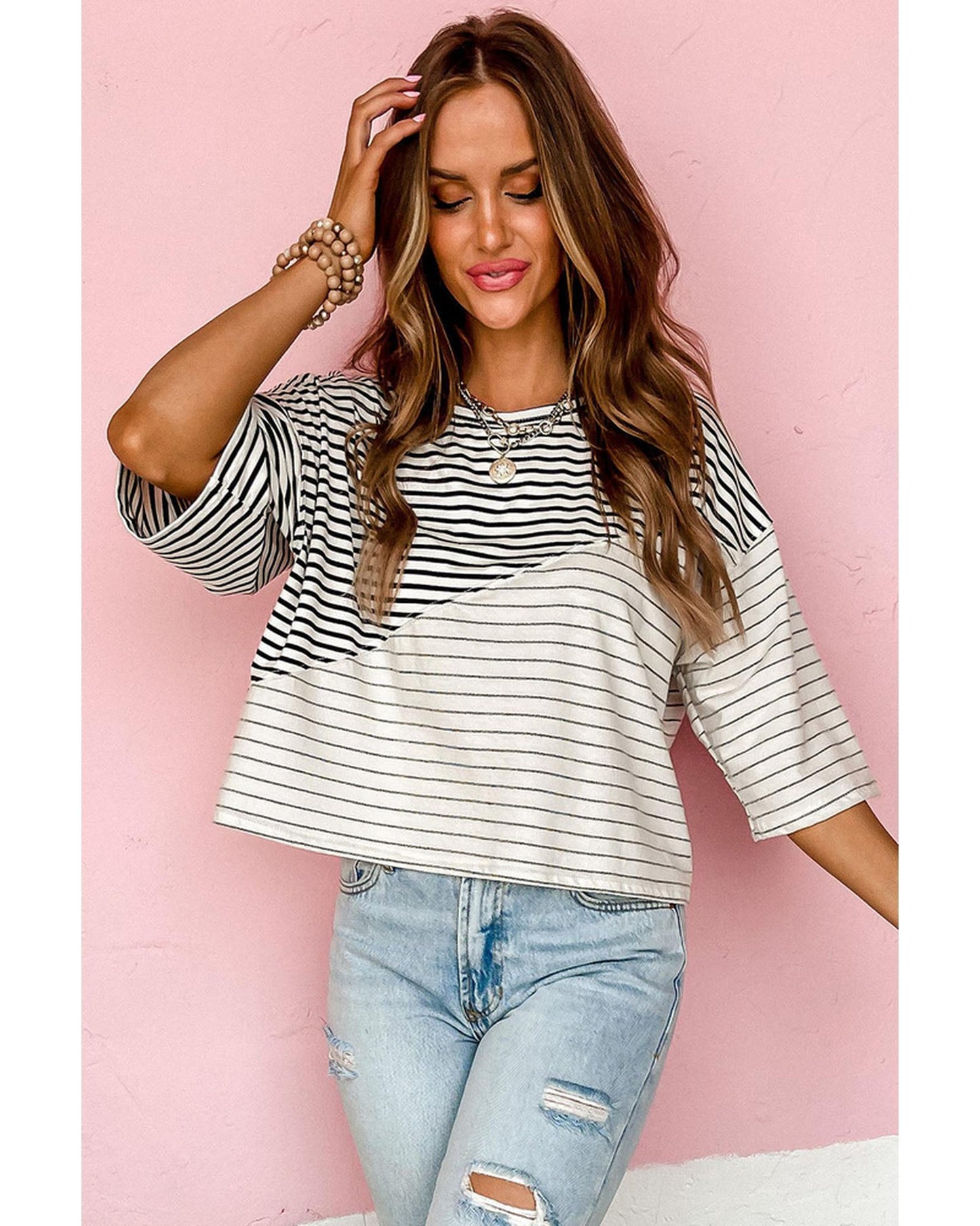 Azura Exchange Patchwork Striped Short Sleeve Top - L