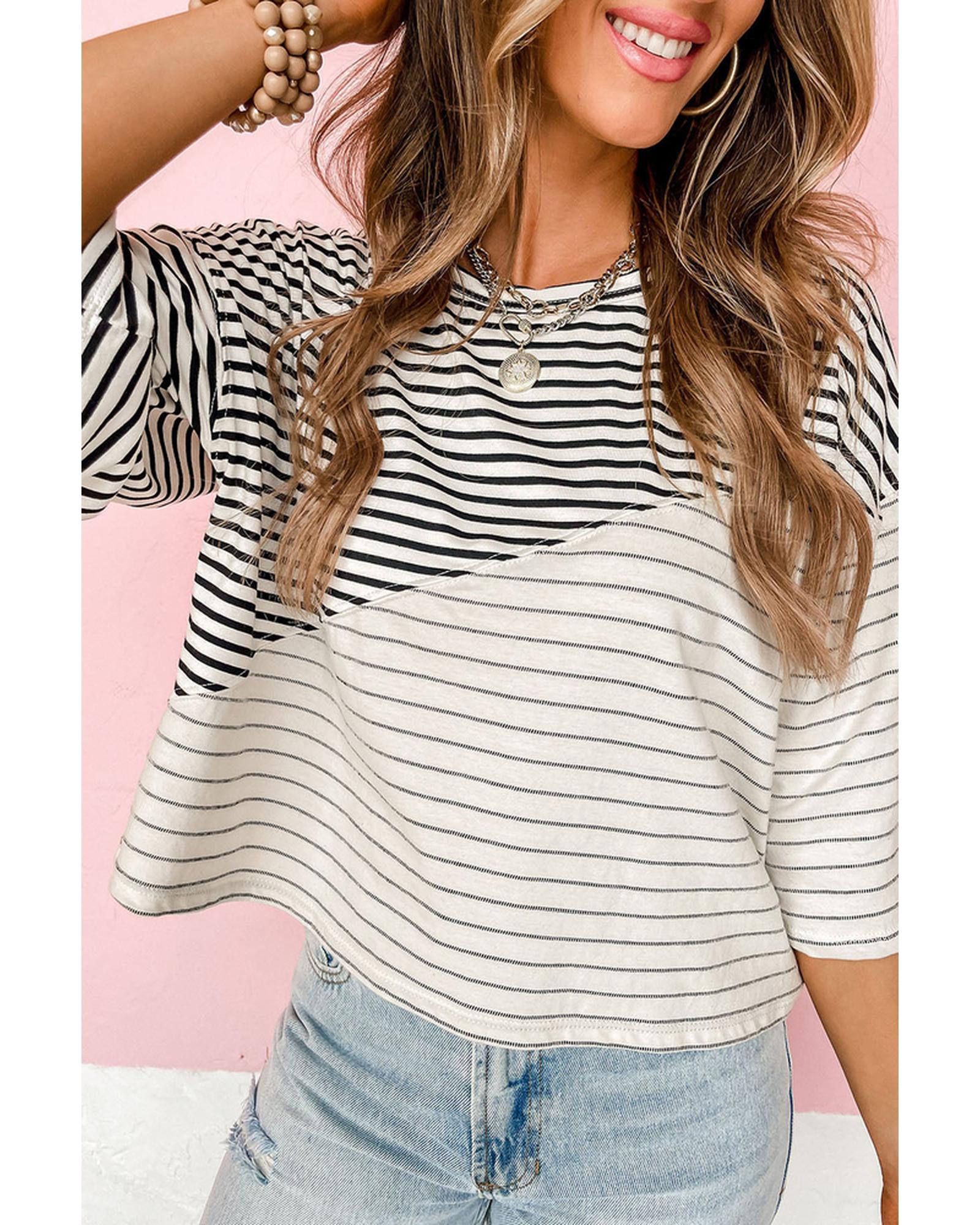 Azura Exchange Patchwork Striped Short Sleeve Top - L