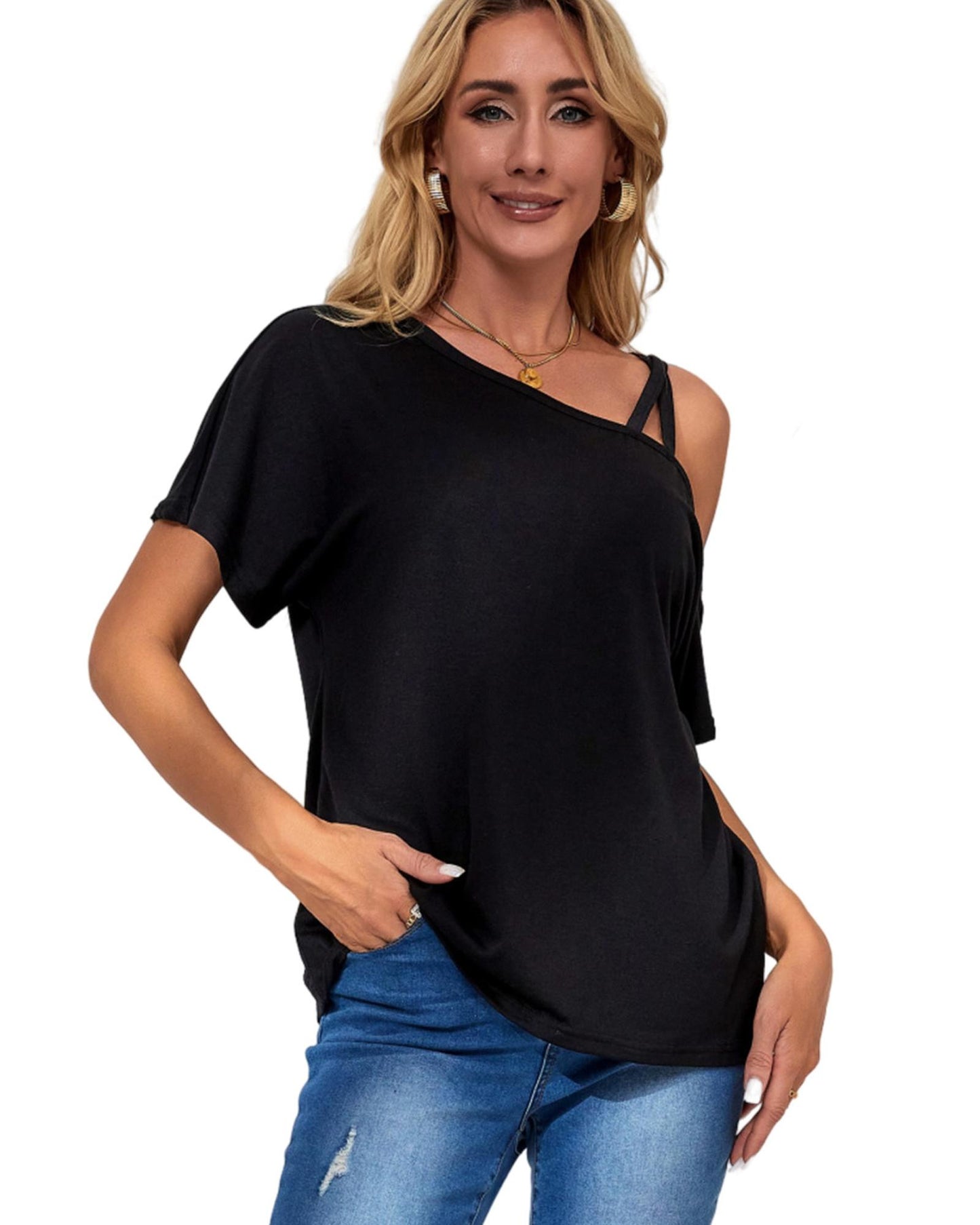 Azura Exchange Criss Cross One Shoulder T Shirt - L