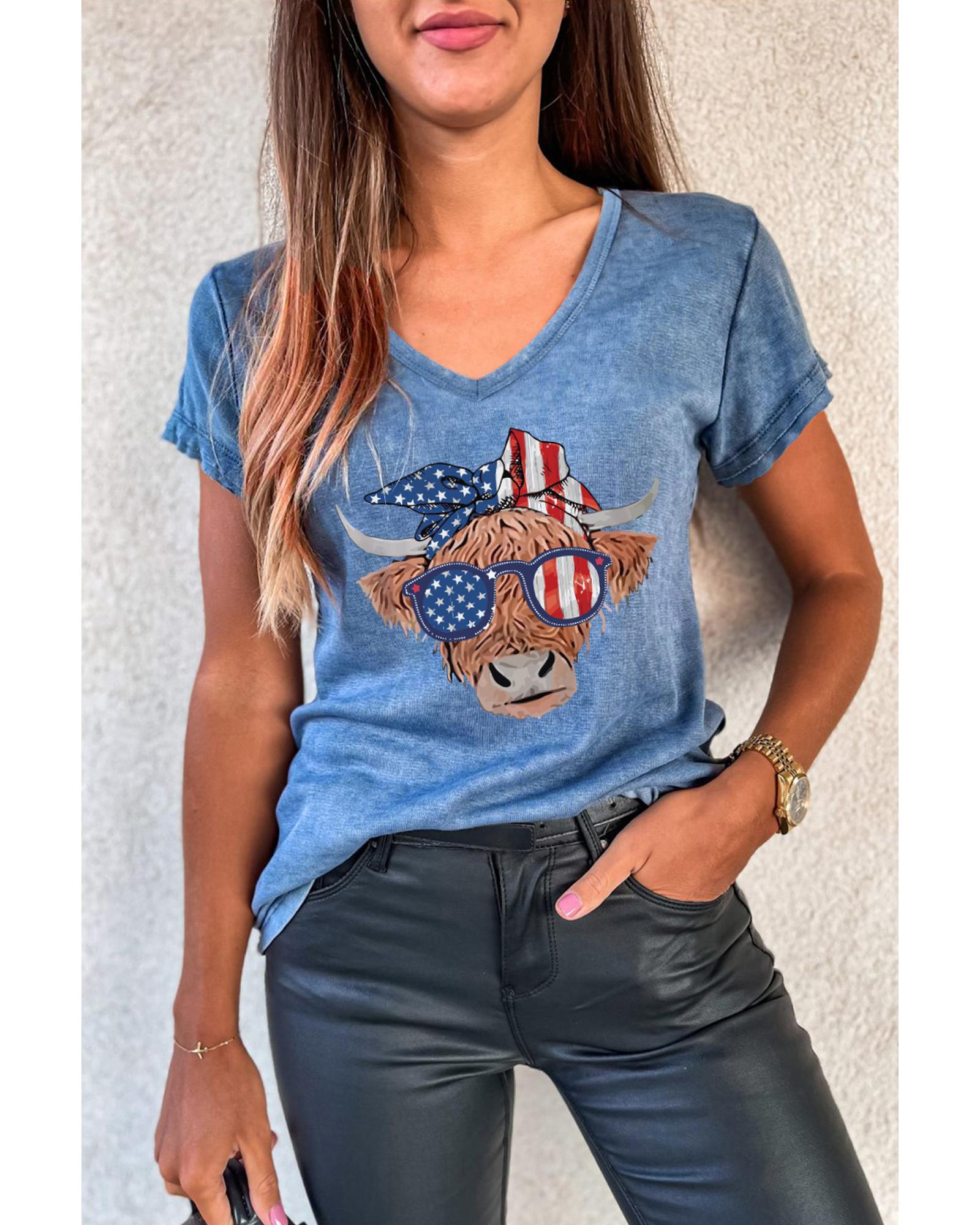 Azura Exchange Graphic Print V Neck T-Shirt with American Flag Cow Head Design - S Main image
