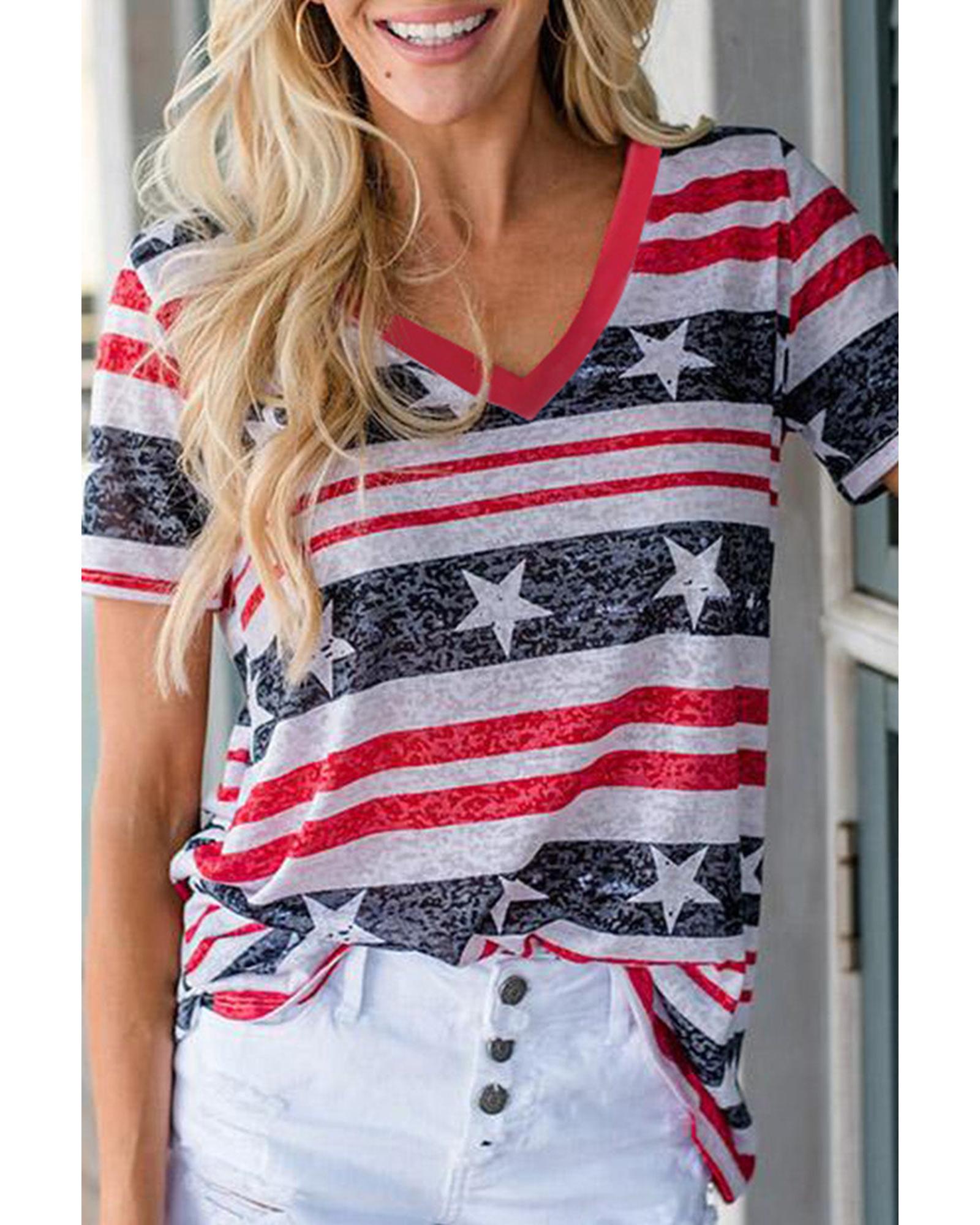 Azura Exchange Star and Stripe Print V-Neck T-Shirt - M Main image