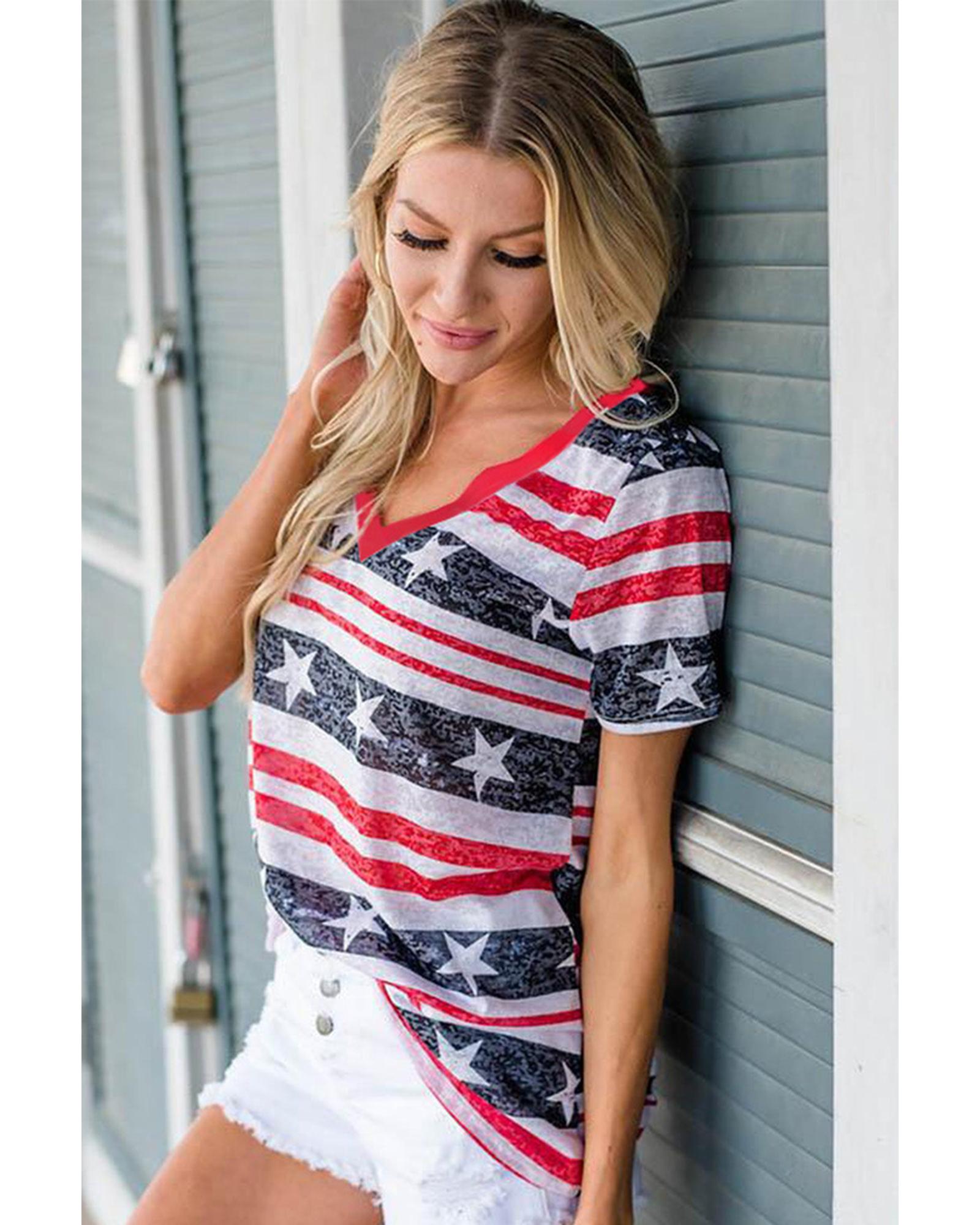 Azura Exchange Star and Stripe Print V-Neck T-Shirt - M