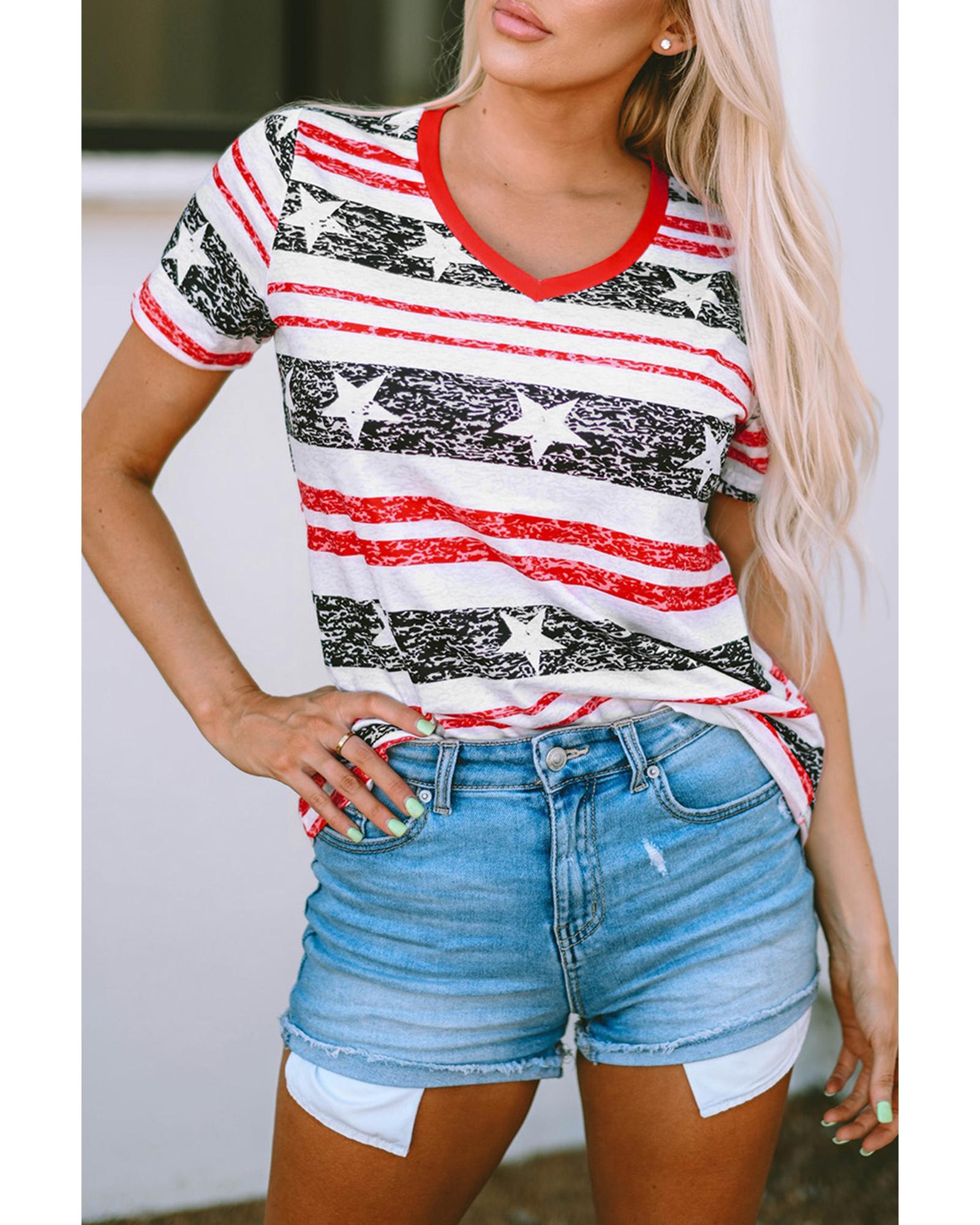 Azura Exchange Star and Stripe Print V-Neck T-Shirt - S
