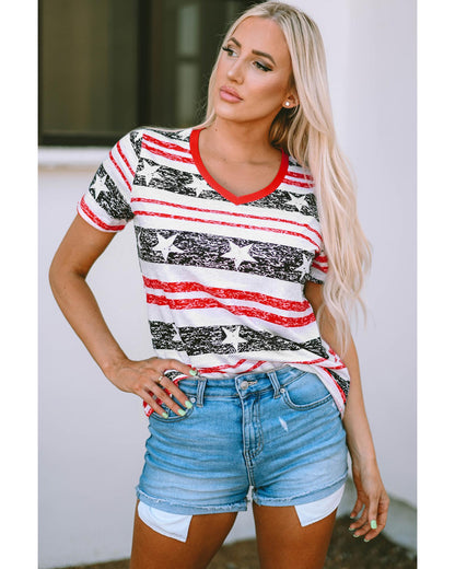 Azura Exchange Star and Stripe Print V-Neck T-Shirt - S