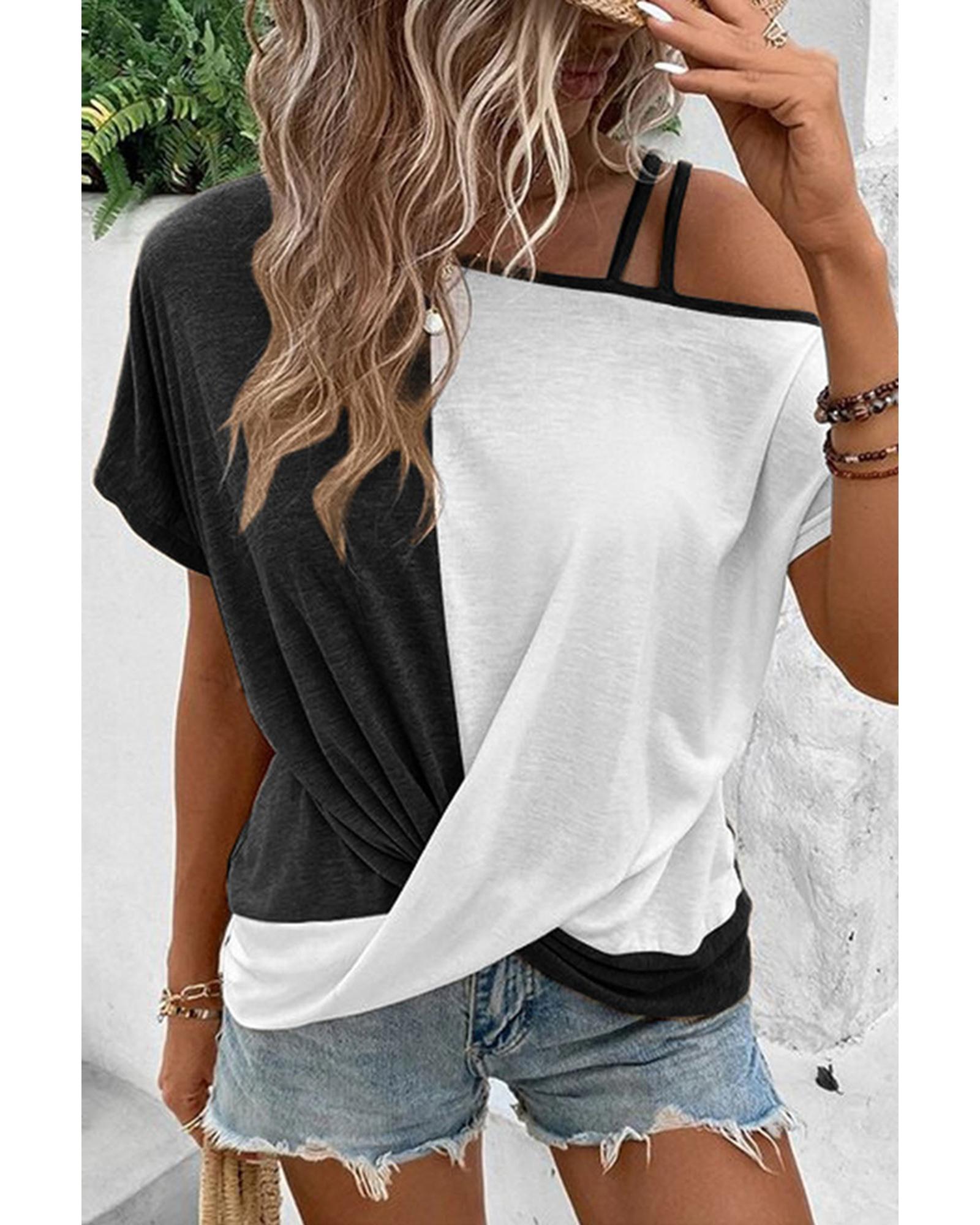 Azura Exchange Colorblock Asymmetric Strappy Cold Shoulder Top - S Main image