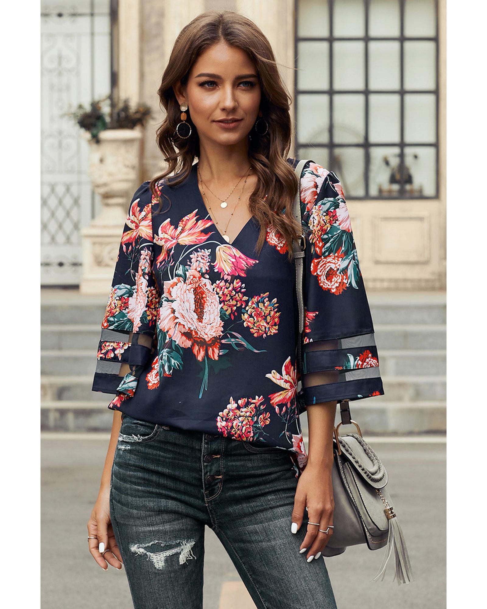 Azura Exchange Flared Sleeve Floral Blouse - XL Main image