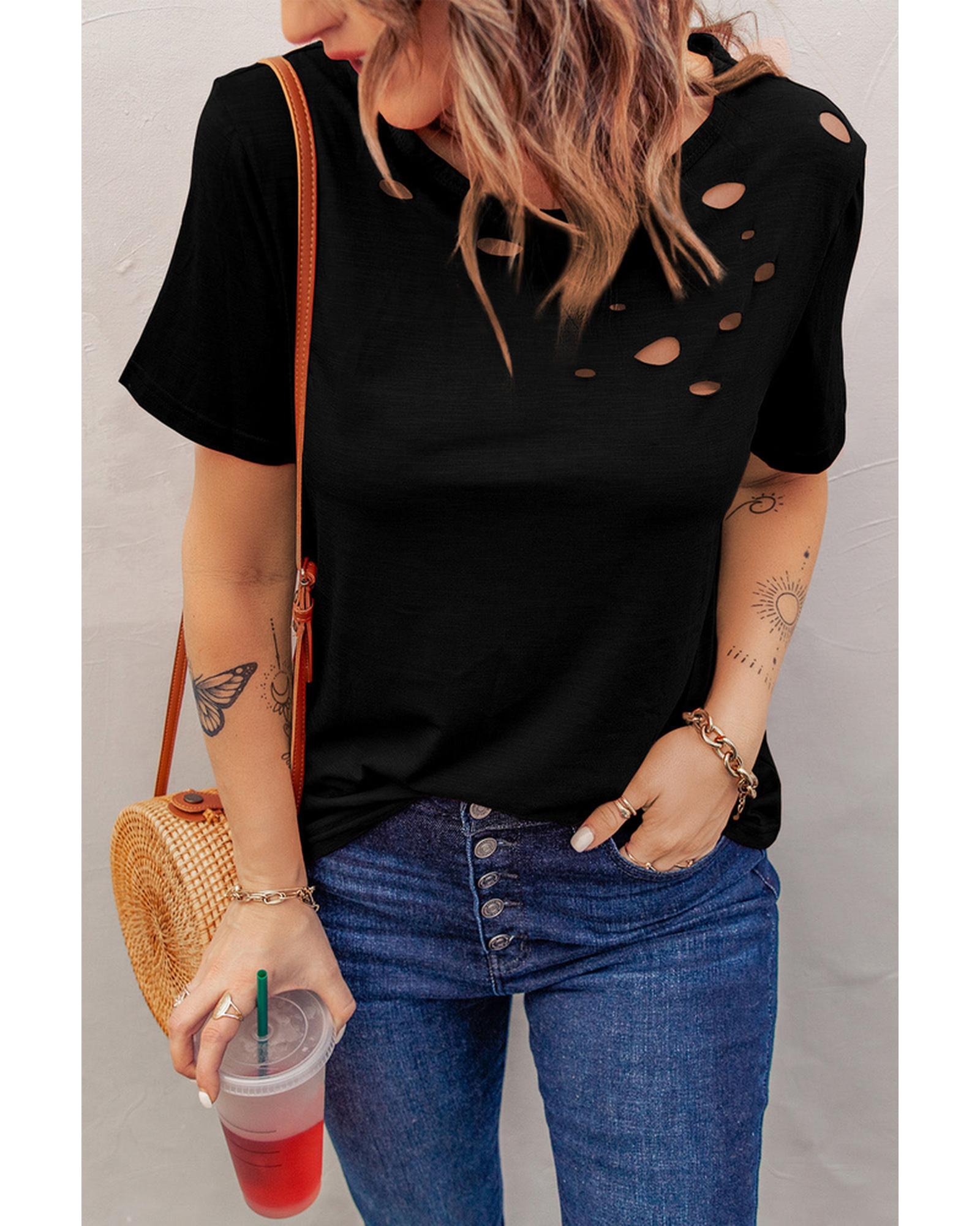 Azura Exchange Mixed Cotton Crew Neck T-Shirt with Holes - M Main image