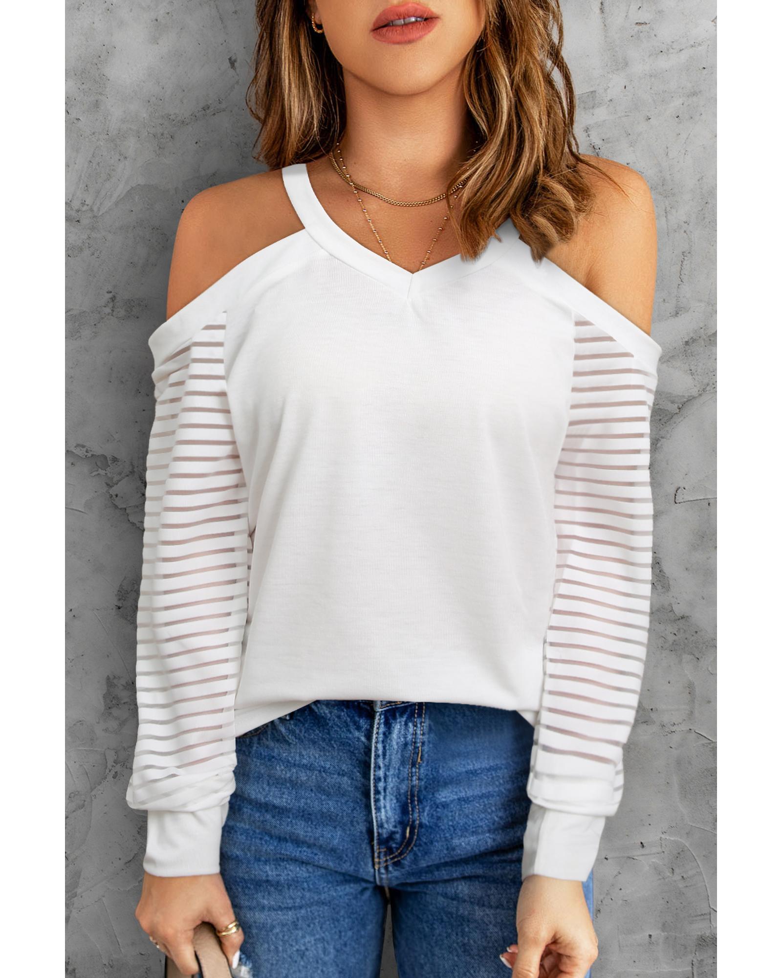 Azura Exchange Cut-out Cold Shoulder Mesh Striped Long Sleeve T-shirt - 2XL Main image