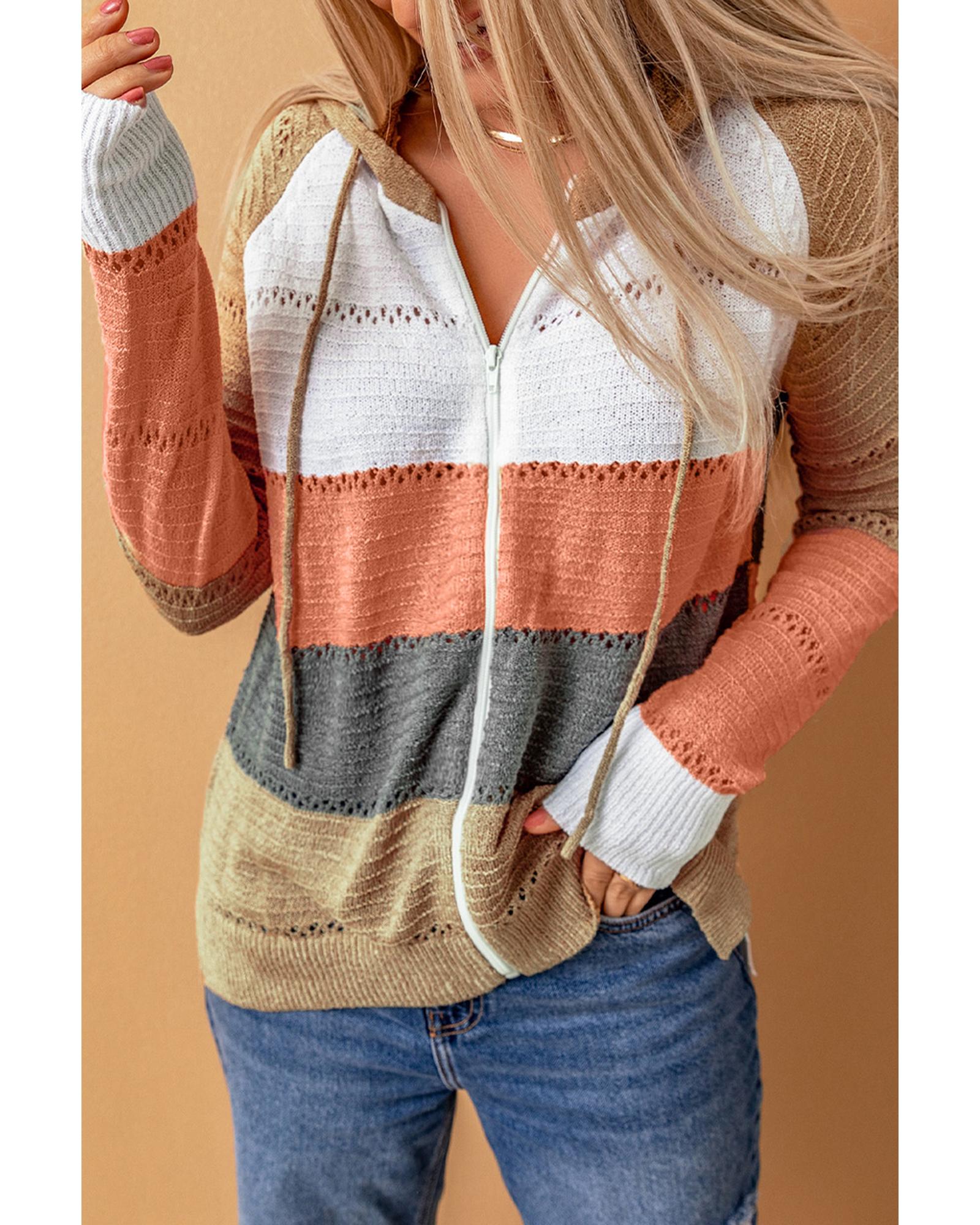Azura Exchange Zipped Front Colorblock Hollow-out Knit Hoodie - L Secondary image