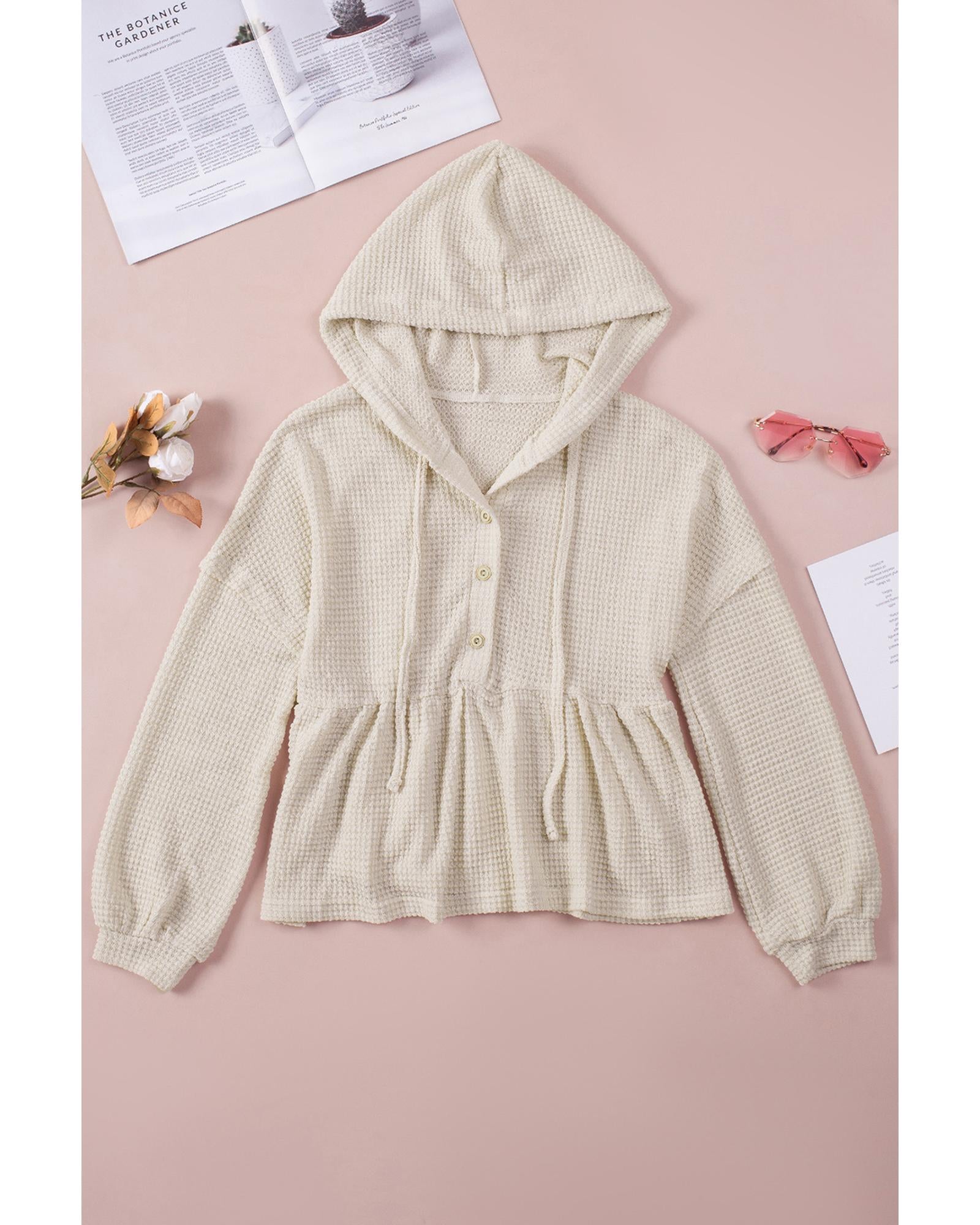Azura Exchange Waffle Knit Buttons Ruffled Hooded Top - 2XL