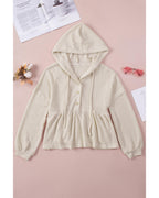 Azura Exchange Waffle Knit Buttons Ruffled Hooded Top - L