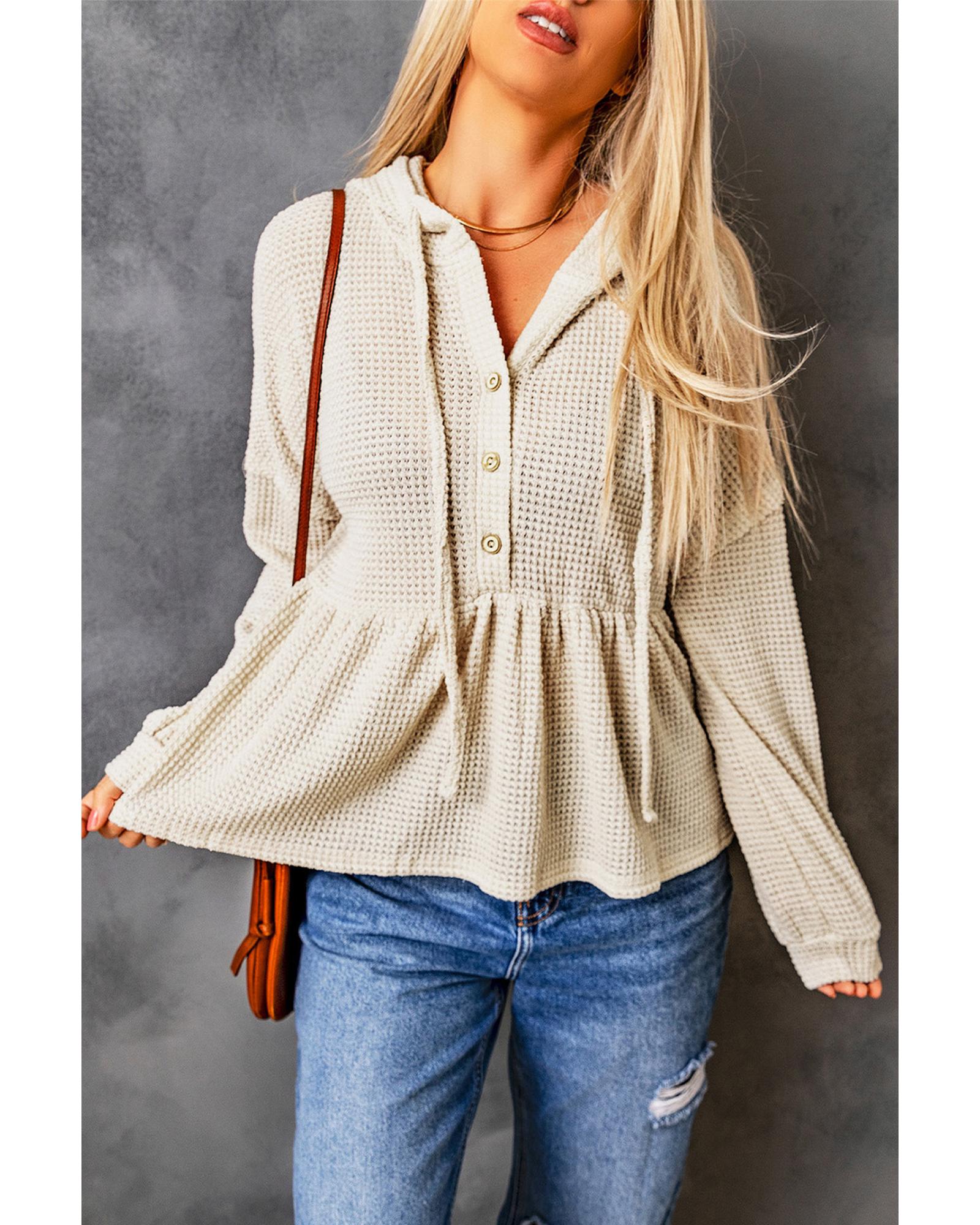 Azura Exchange Waffle Knit Buttons Ruffled Hooded Top - S Main image