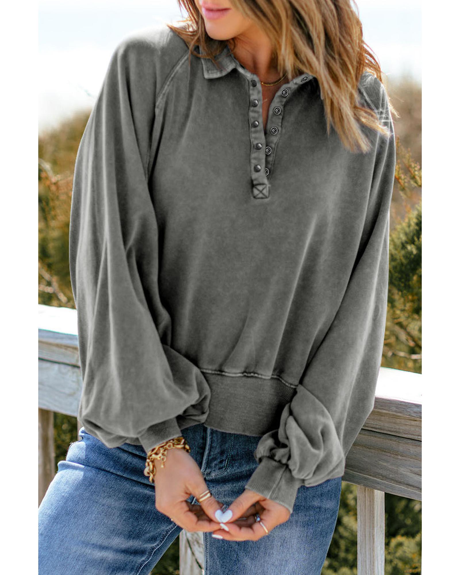 Azura Exchange Washed Snap Buttons Lantern Sleeve Pullover Sweatshirt - 2XL Main image