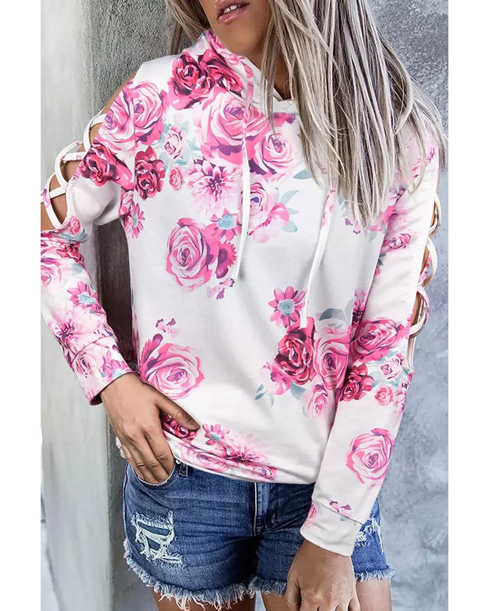 Azura Exchange Floral Print Cold Shoulder Hoodie - XL Main image