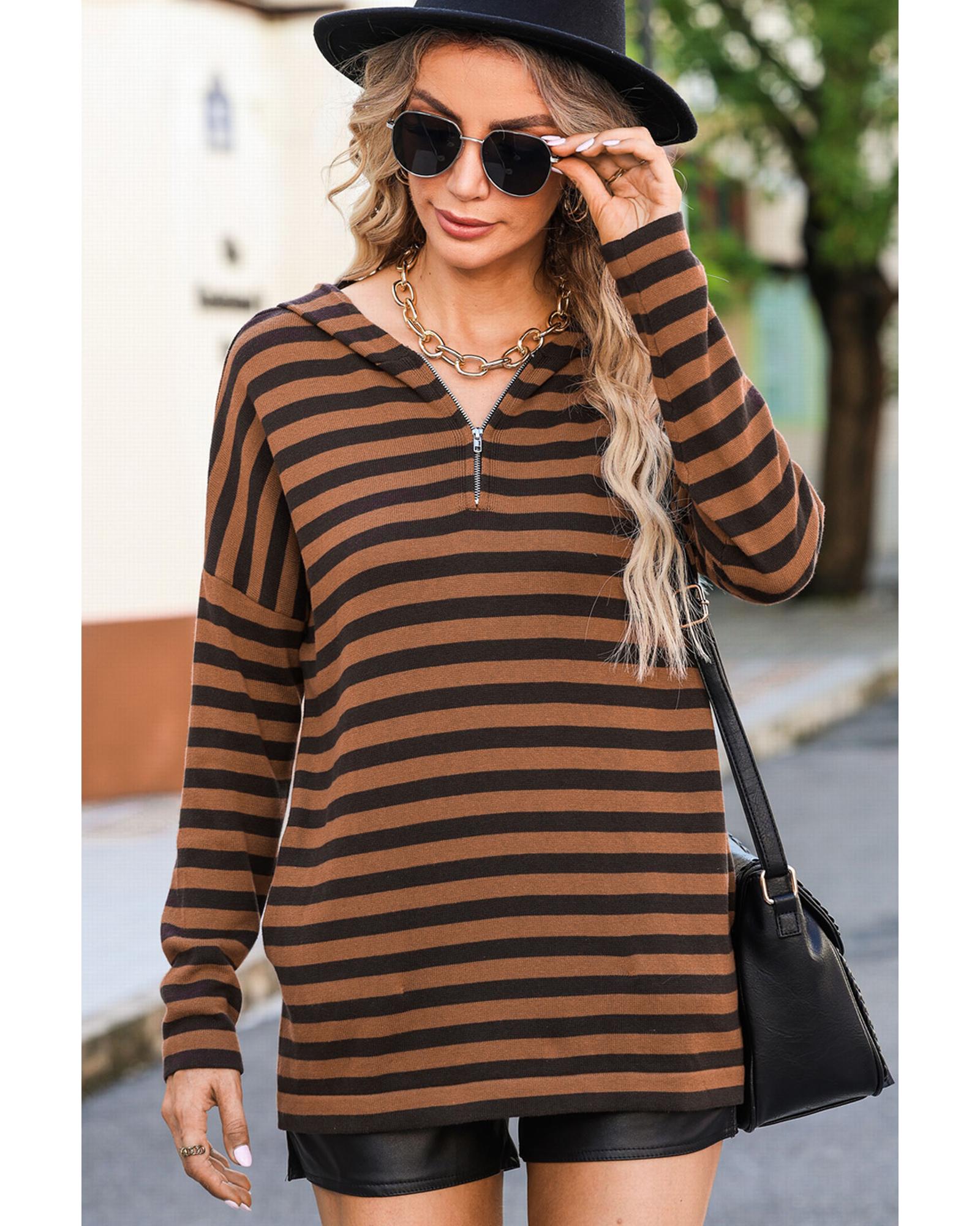 Azura Exchange Striped Knit Quarter Zip Hoodie - M Main image
