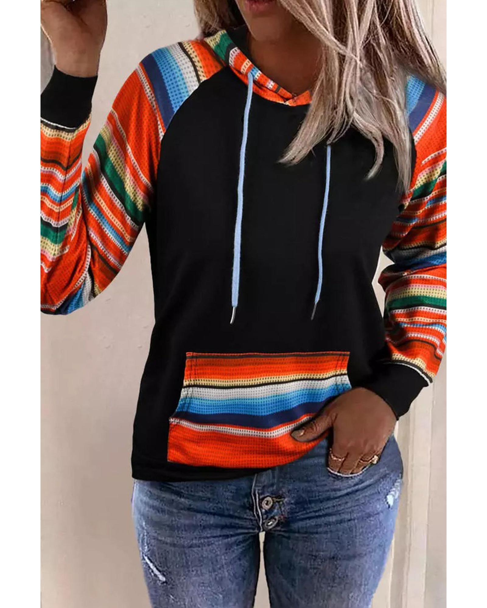 Azura Exchange Striped Patchwork Kangaroo Pocket Hoodie - S Secondary image