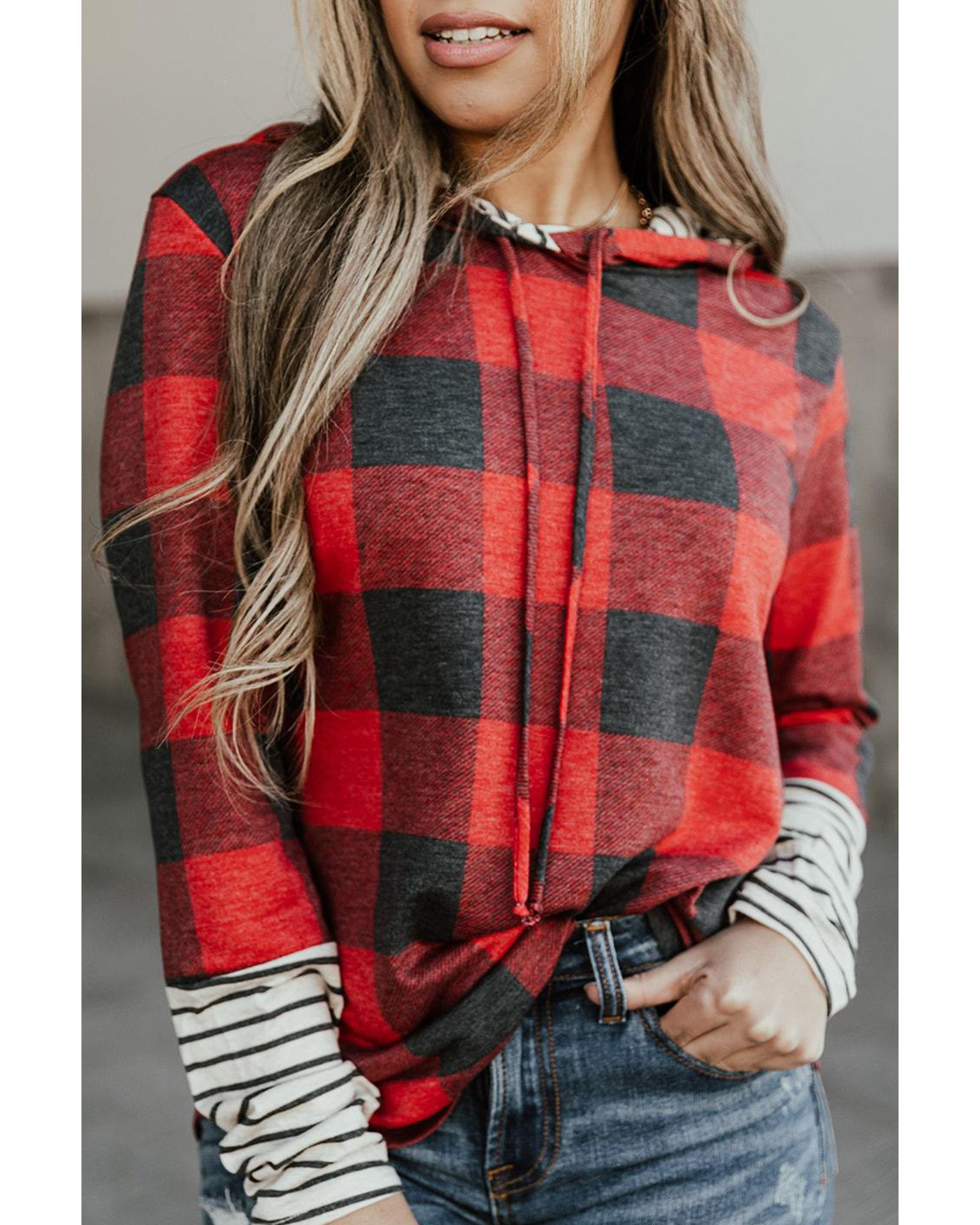 Azura Exchange Plaid Striped Patchwork Drawstring Hoodie - L Main image
