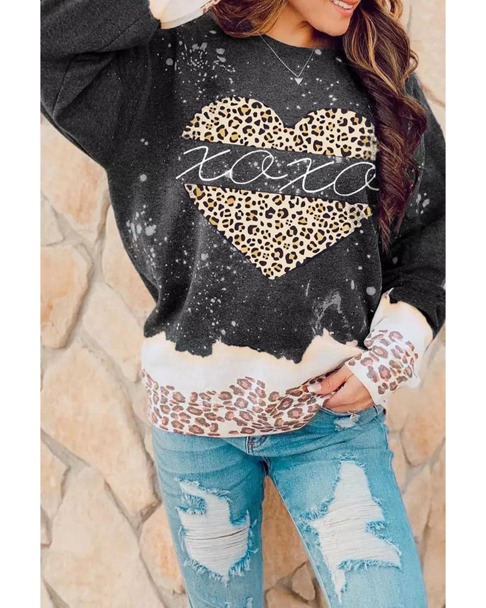 Azura Exchange Heart Leopard Splicing Pullover Sweatshirt - S Main image