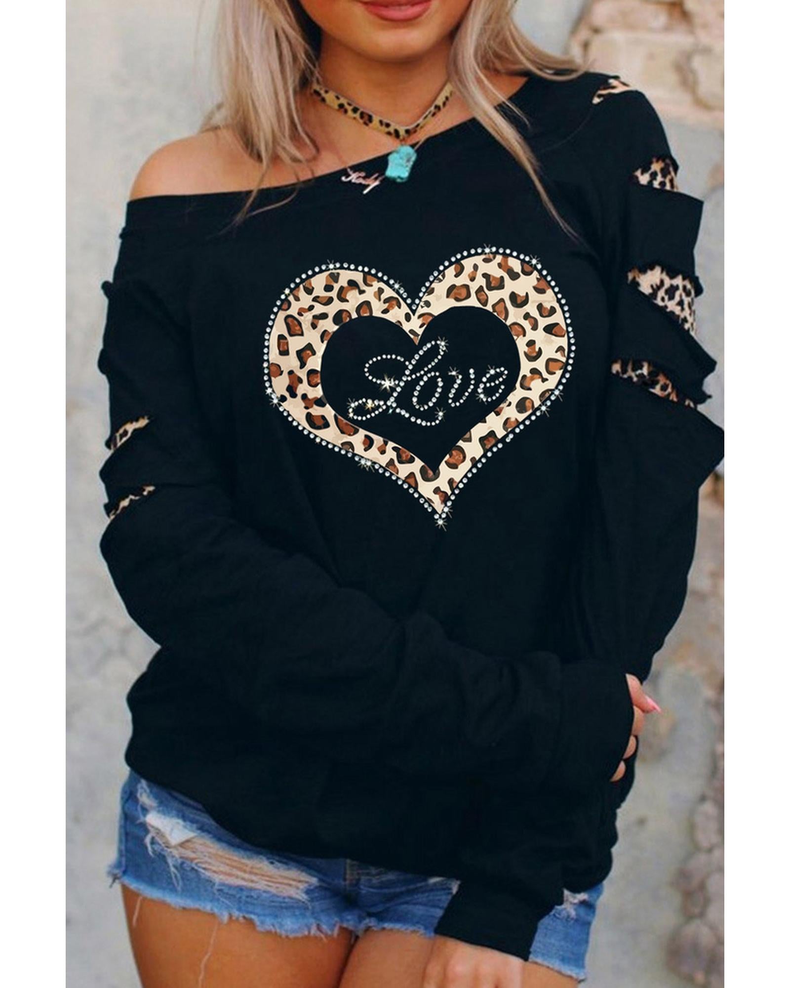 Azura Exchange Leopard Rhinestone Heart Graphic Sweatshirt - M Main image