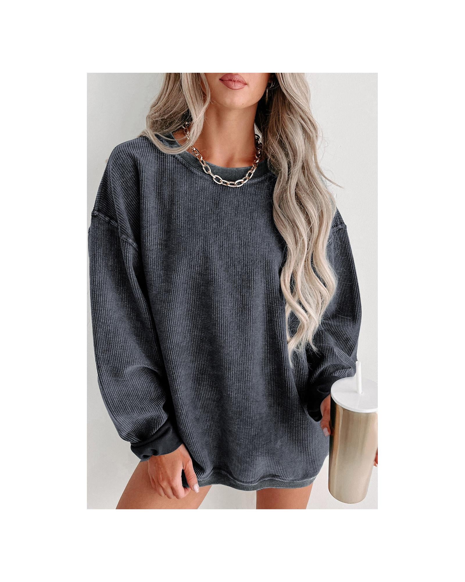 Azura Exchange Gray Ribbed Knit Round Neck Pullover Sweatshirt - XL Main image