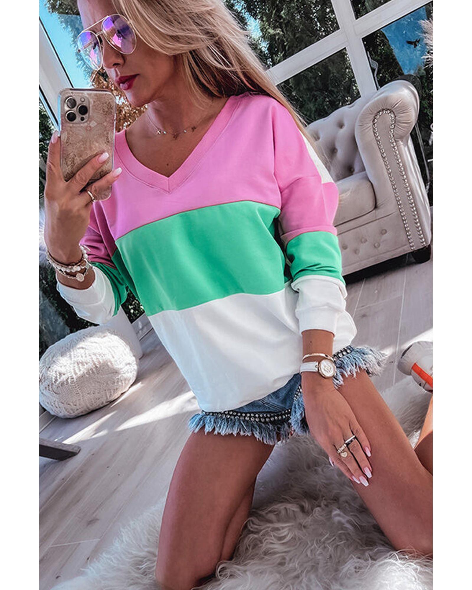 Azura Exchange Color Block Ribbed V-Neck Sweatshirt - S Secondary image
