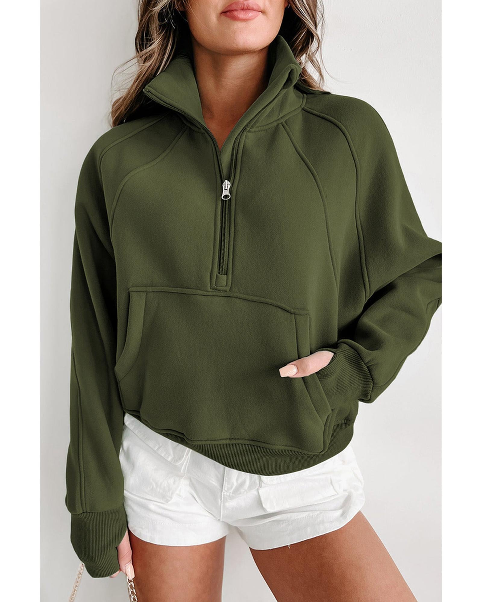 Azura Exchange Ribbed Thumbhole Sleeve Sweatshirt with Stand Collar and Zip Closure - XL Main image