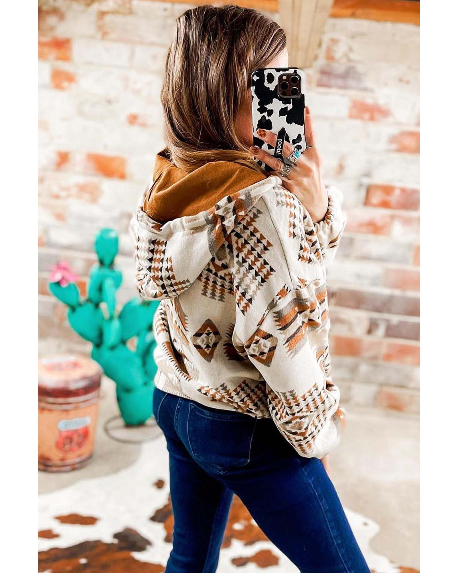 Azura Exchange Beige Aztec Print Half-Zip Hoodie with Kangaroo Pocket - S Secondary image