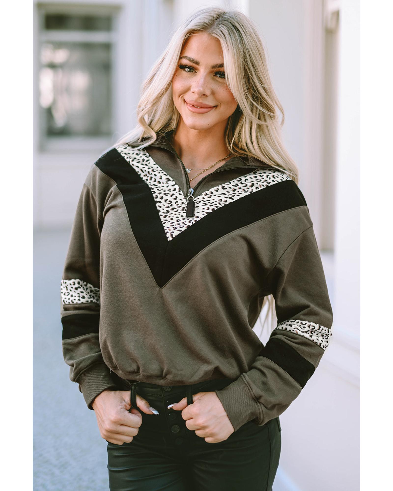 Azura Exchange Leopard Contrast Splicing Quarter Zip Sweatshirt - S Main image