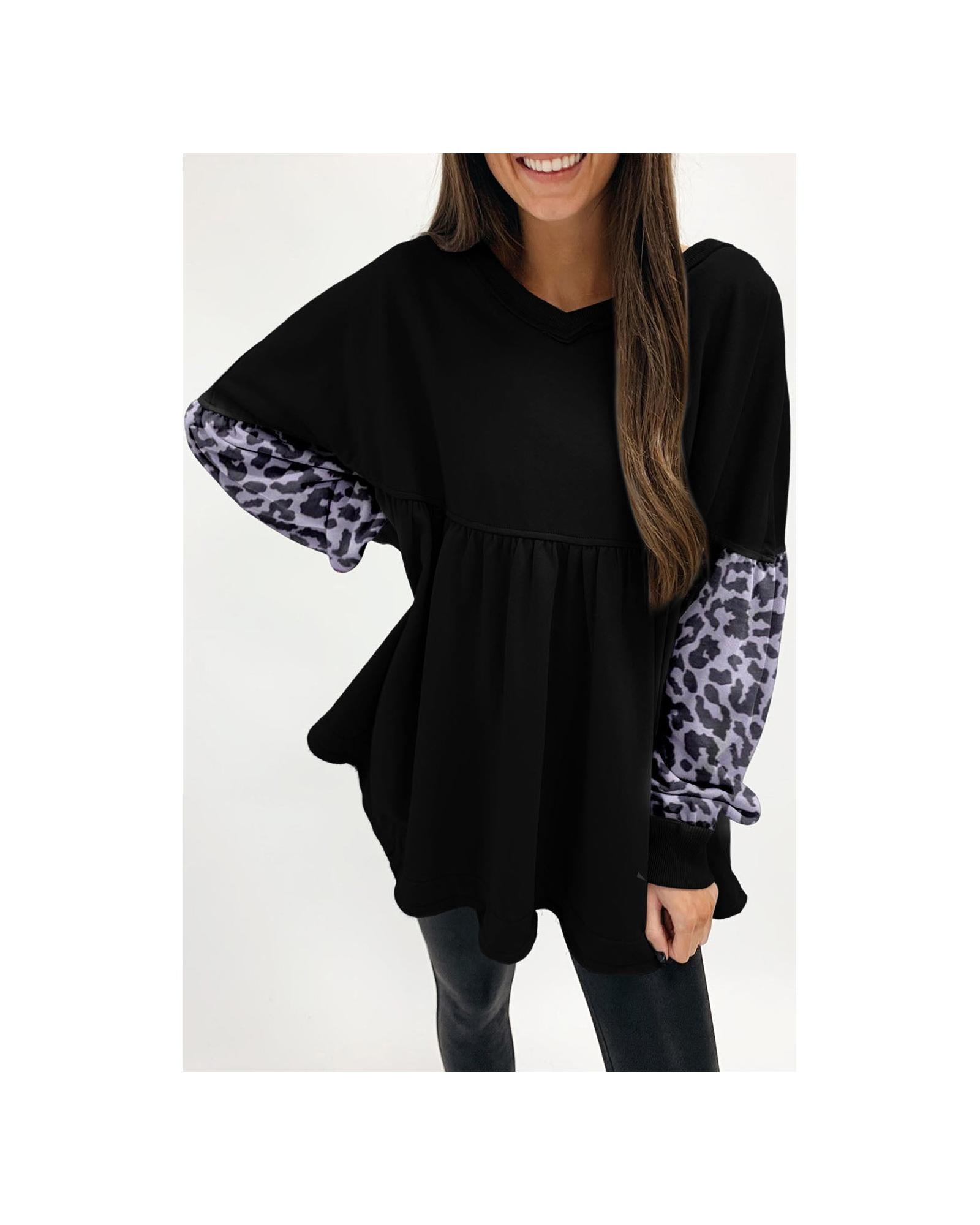 Azura Exchange Leopard Splicing Ruffle Sweatshirt - S Main image