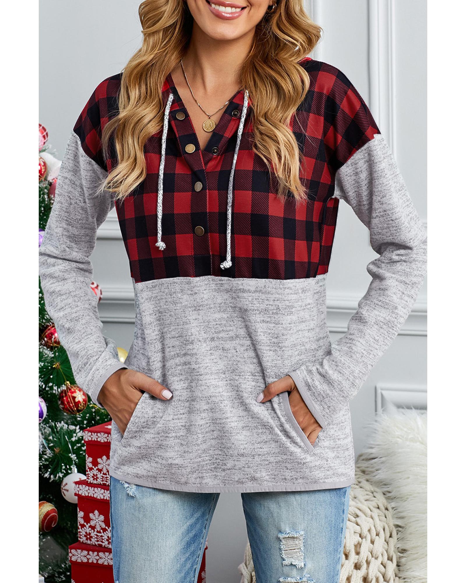 Azura Exchange Plaid Splicing Pocketed Hoodie - L Main image