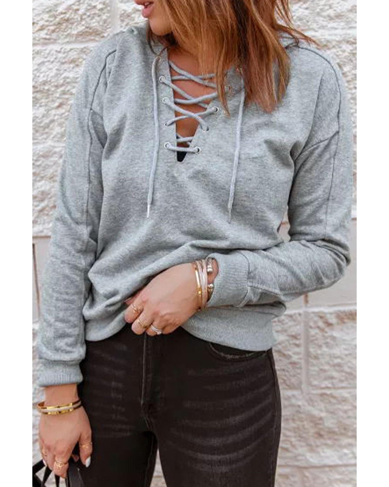 Azura Exchange Lace-up Grey Casual Hoodie - S Main image