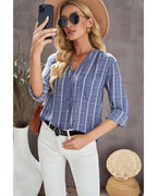 Azura Exchange Striped V Neck Pocket Long Sleeve Top - L