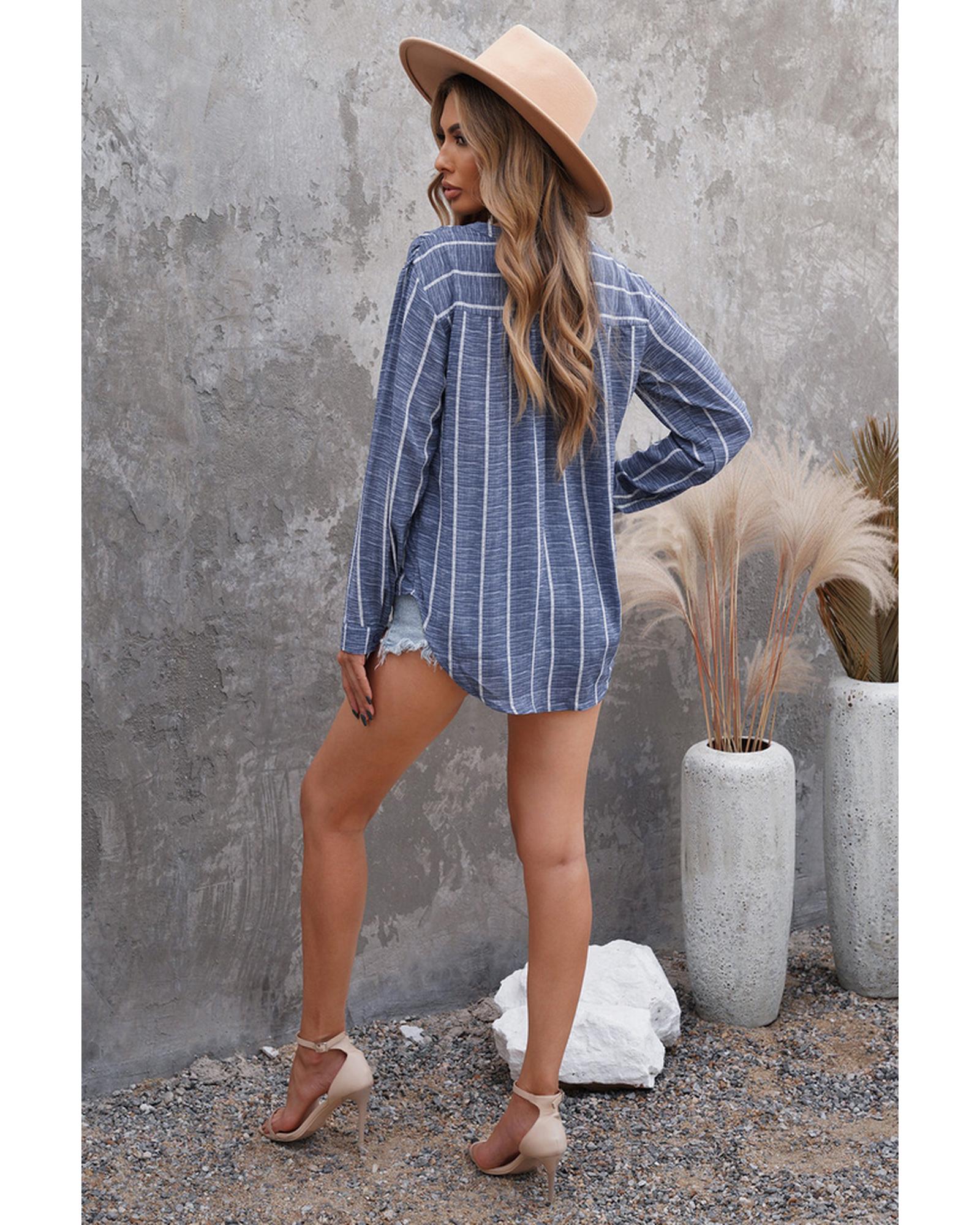 Azura Exchange Striped V Neck Pocket Long Sleeve Top - S Secondary image
